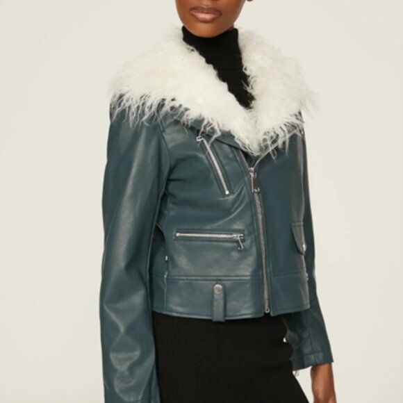 $340 NOIZE Suren Jacket faux white shearling color teal moto jacket S - Picture 11 of 13